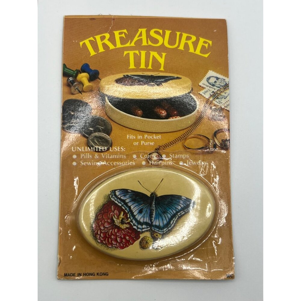 VTG 1970s‎ Butterfly Small Treasure Tin Pill Holder Hair Pins Coin Holder NOS